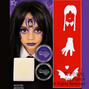 KIT MAQUILLAJE ARTISTICO LILA Y NEGRO (4 GR) + STENCIL + ESPONJA